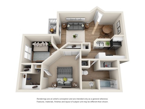 Floor plan for 2 beds, 1 bath, 852 sqft